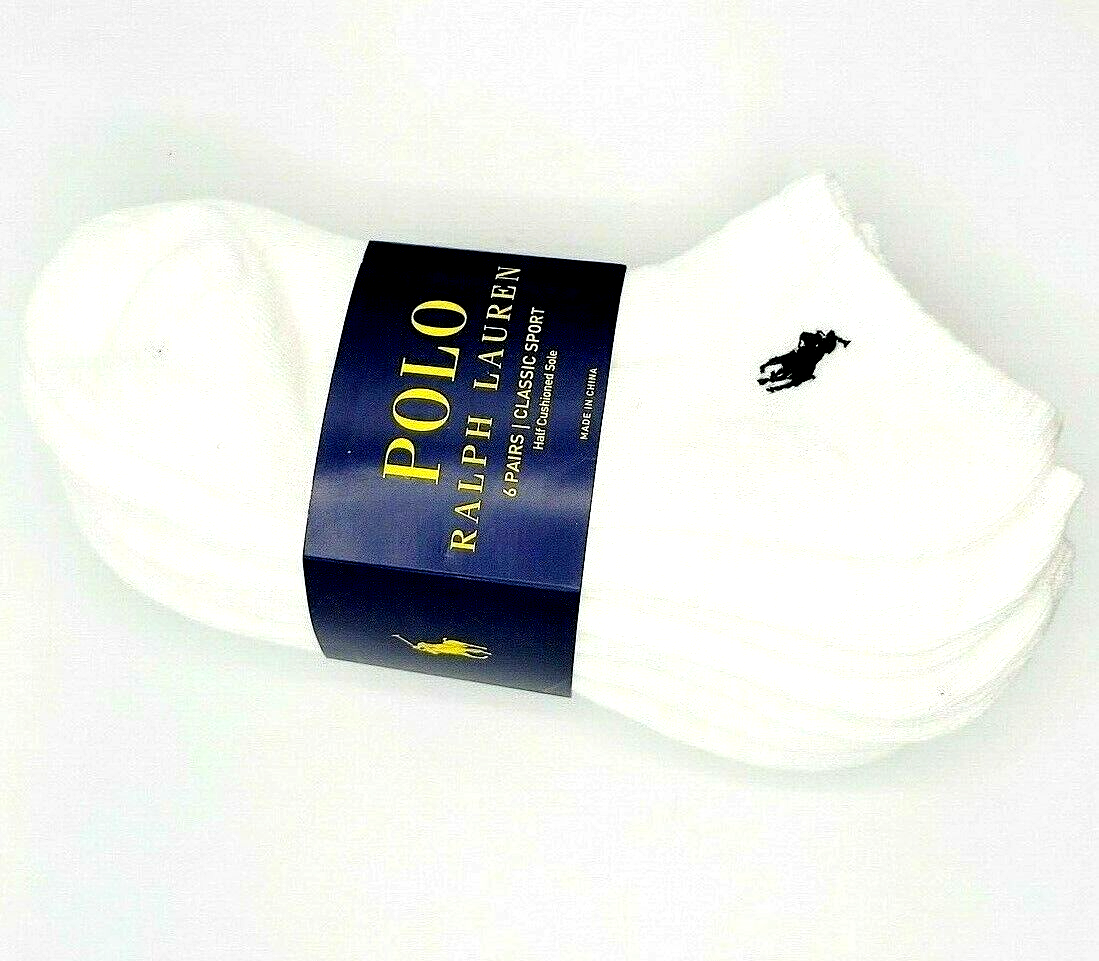 Polo Ralph Lauren Athletic 6 paia calzini da uomo taglio basso pony bianco blu taglia 10 13 nuovi con etichette