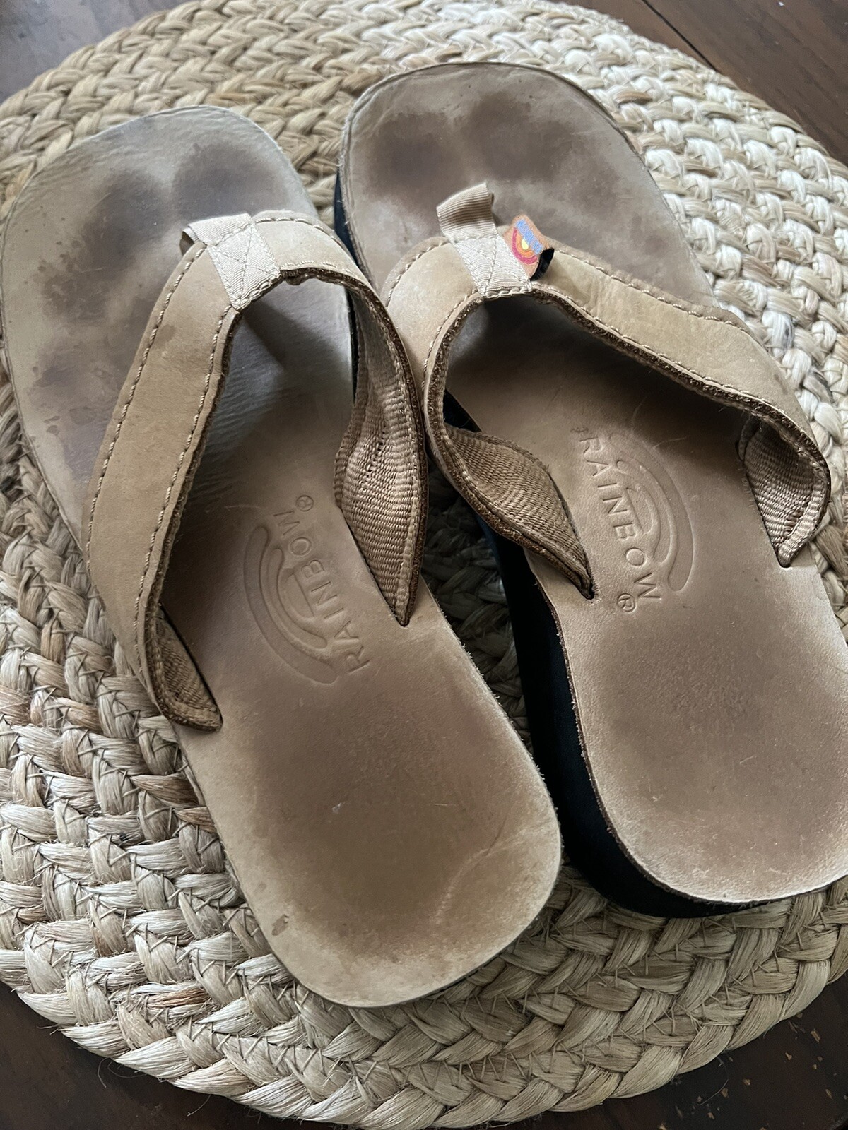 Colorful used rainbow flip flops for women size 7-image