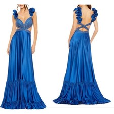 Mac Duggal Royal Blue Ruffled Tired Embellshed Cut Out Dress Size 12 $698