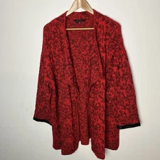 Ming Wang Knit Cardigan Womens XL Red Black Open Front Faux Leather Cuffs