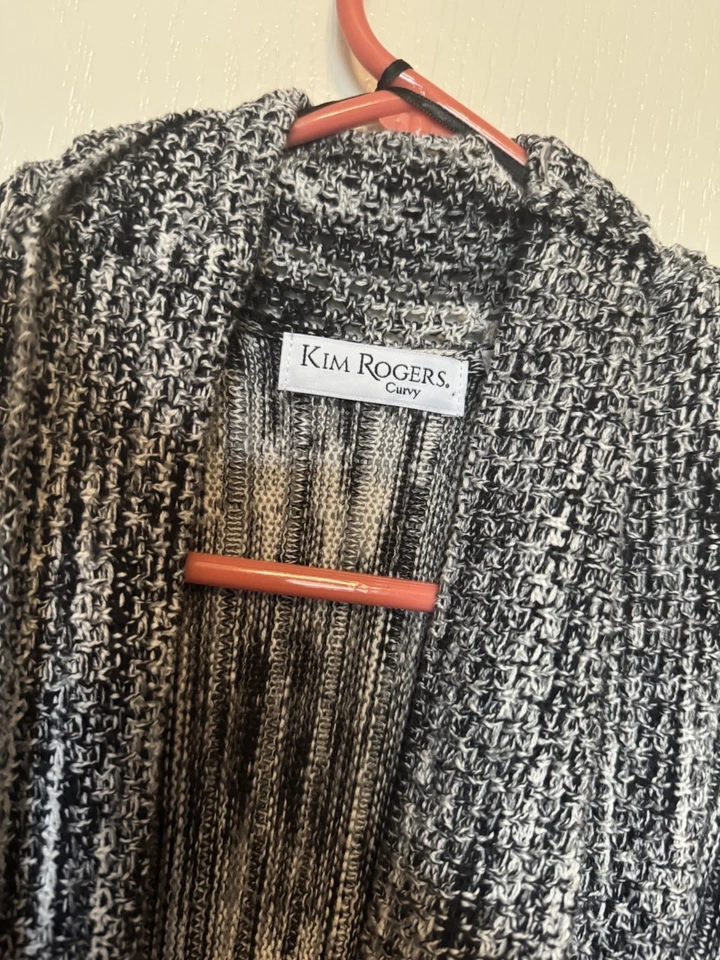 Cárdigan Kim Rogers Curvy Talla 2X Negro Blanco Tejido Frente Abierto Algodón Foto 3 de 4