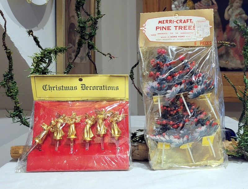 Two unopened Packages. Gold Angel Sticks. Merri-craftPine Trees Picks. Hong Kong
