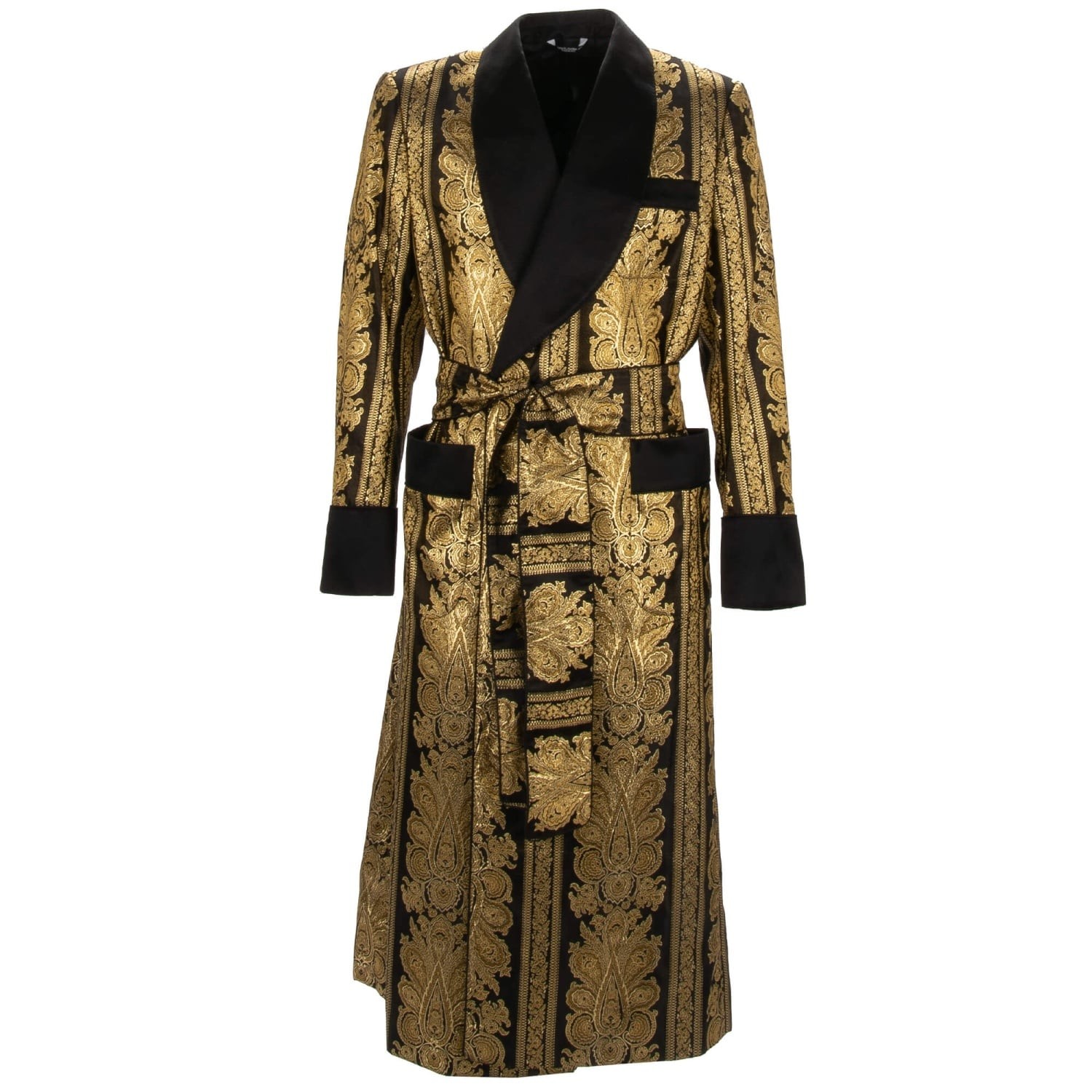 DOLCE & GABBANA Barock Jacquard Robe Mantel Morgenmantel Gold Schwarz 46 S M