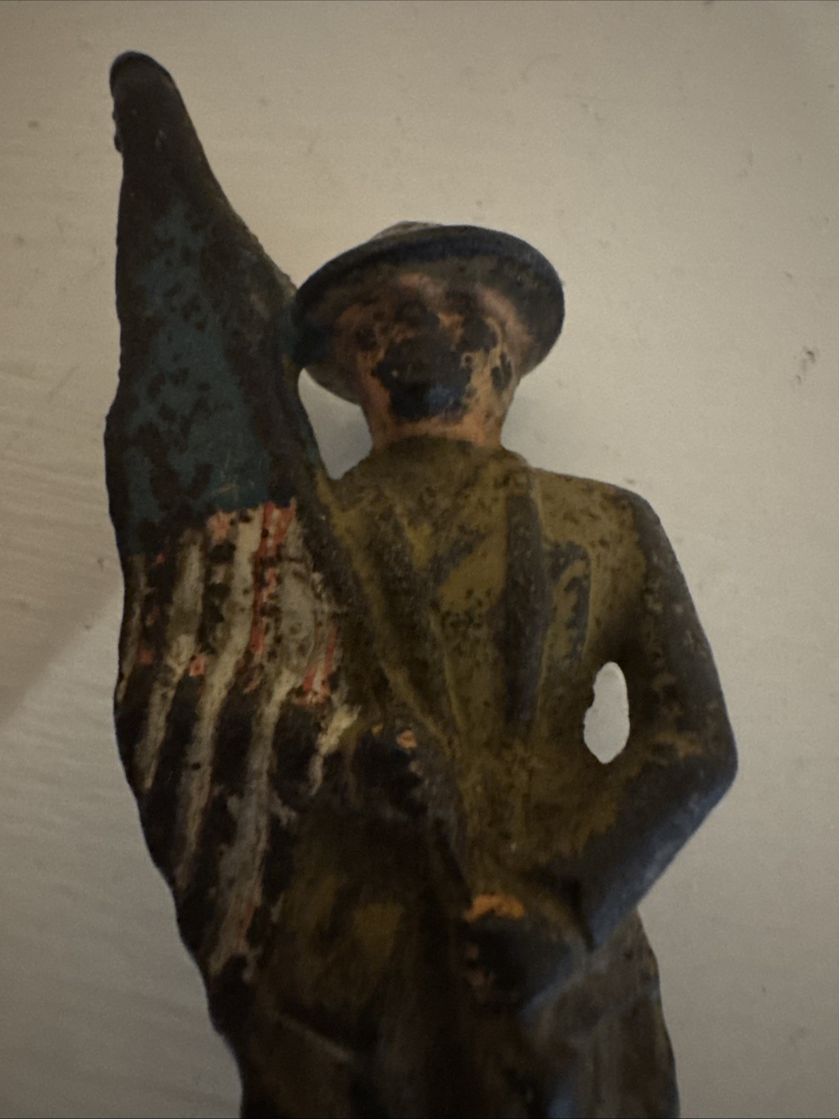 Vintage Cast Iron WWI Soldier with American Flag – Rectangular Base – Painted