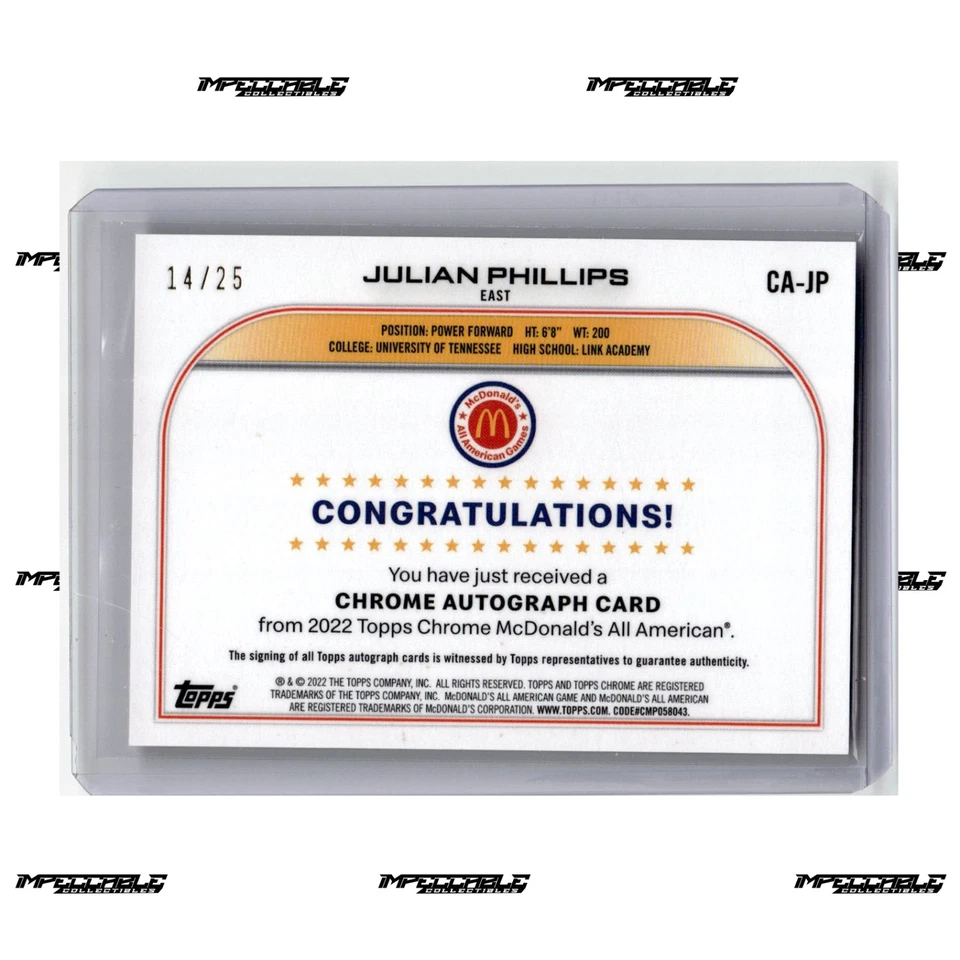 2022 Topps Chrome McDonald's A/A - Orange #CA-JP Julian Phillips Rookie Auto /25 - Image 2 of 2