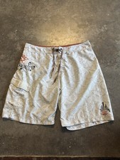 Vintage Y2K Billabong Board Shorts Mens 38 Swim Surf White Graphic skull rose