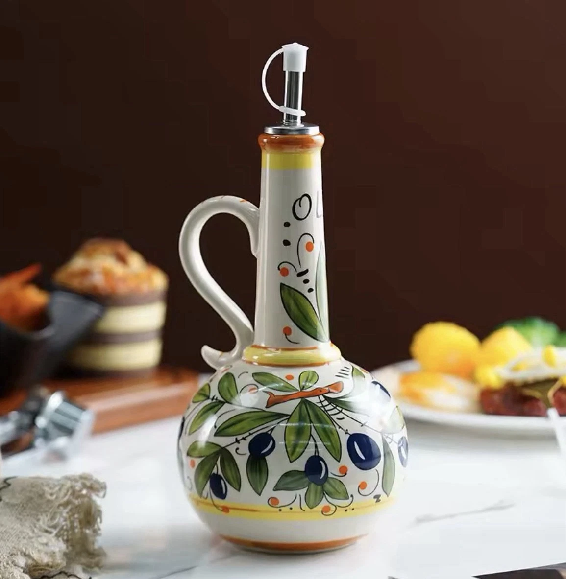 Ceramic Olive Oil Dispenser Bottle Cruet Vinegar Pourer Kitchen Olive Decor