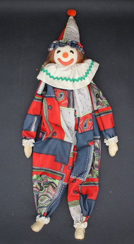VTG Homemade Sitting Clown Doll Red Blue Paisley Print Fabric Carnival Decor