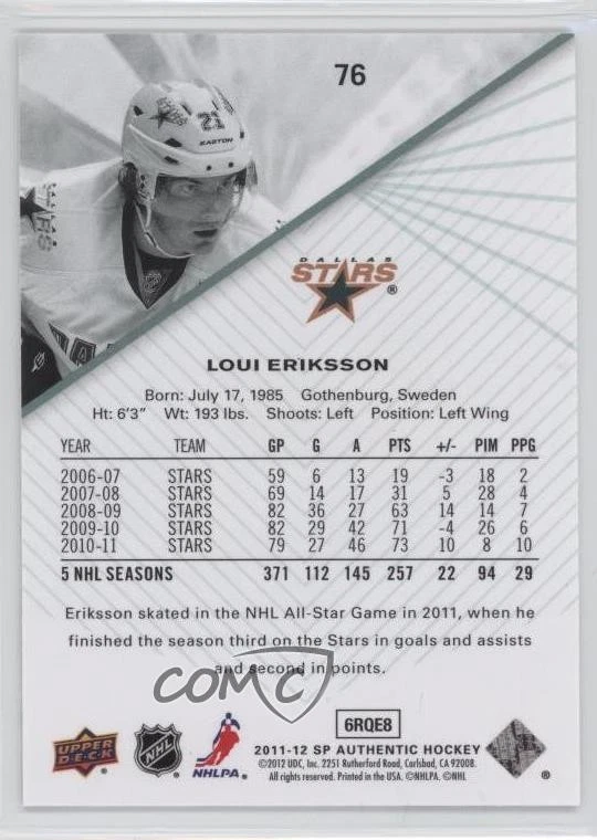 2011-12 SP Authentic Loui Eriksson #76 - Image 2 of 2