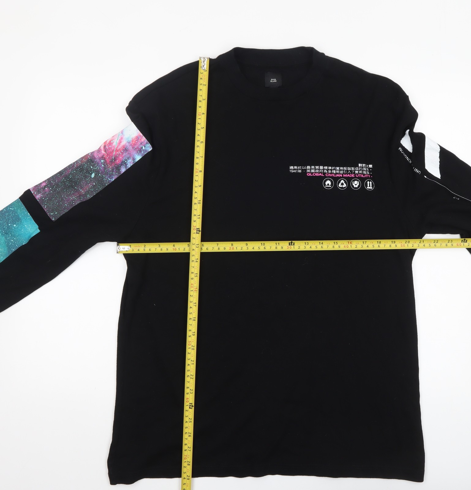 River Island Men's Black Space Print Long Sleeve Graphic Top L image 2