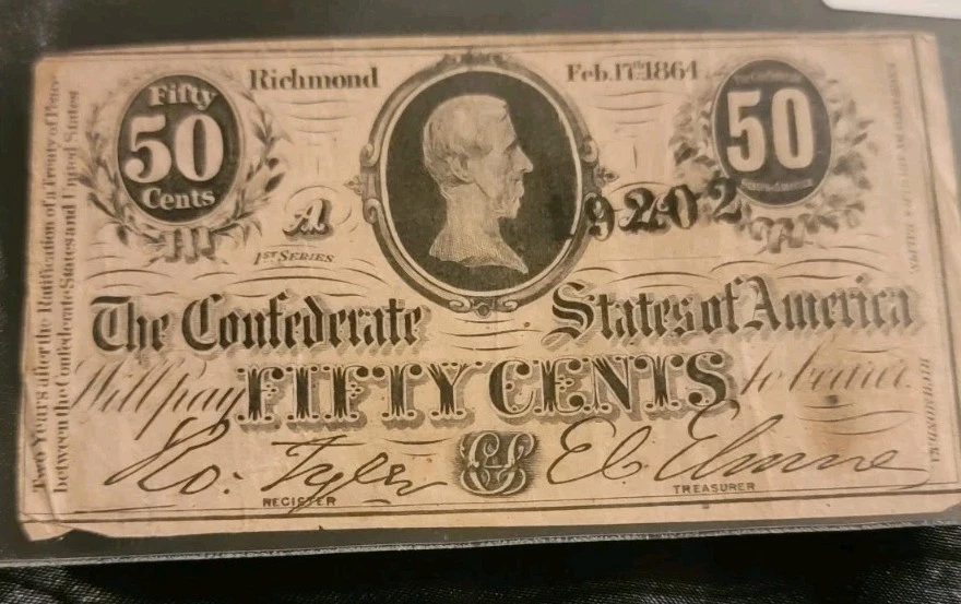 1864 Confederate Fractional 50 Cent Note Jefferson Davis Bust - Image 2 of 4