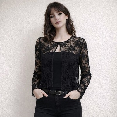 Onyx Nite VTG Black Sheer Lace Cropped Cardigan Top Sz M Goth Dark Romantic Alt