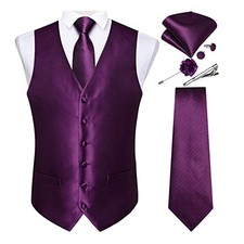 Mens Vest and Tie Set Formal Paisley Waistcoat and Necktie Large Purple Solid