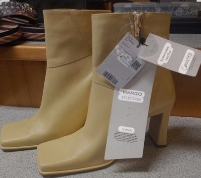 NWT WOMEN'S SZ 6.5 LEATHER MANGO SQUARE TOE HIGH HEEL ANKLE BOOTS BUTTER YELLOW
