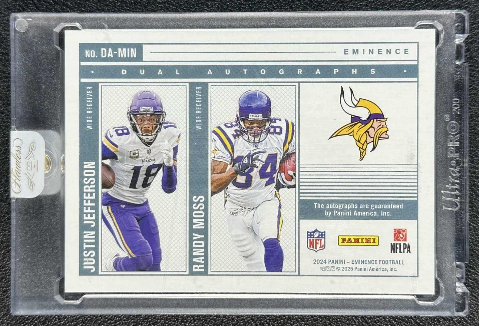 JUSTIN JEFFERSON RANDY MOSS 2024 PANINI EMINENCE DUAL AUTO PLATINUM 1/1 VIKINGS view 2