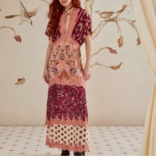 NEW FARM Rio Glam Tapestry Burgundy Lace Short Sleeve Maxi Dress Floral Pink L