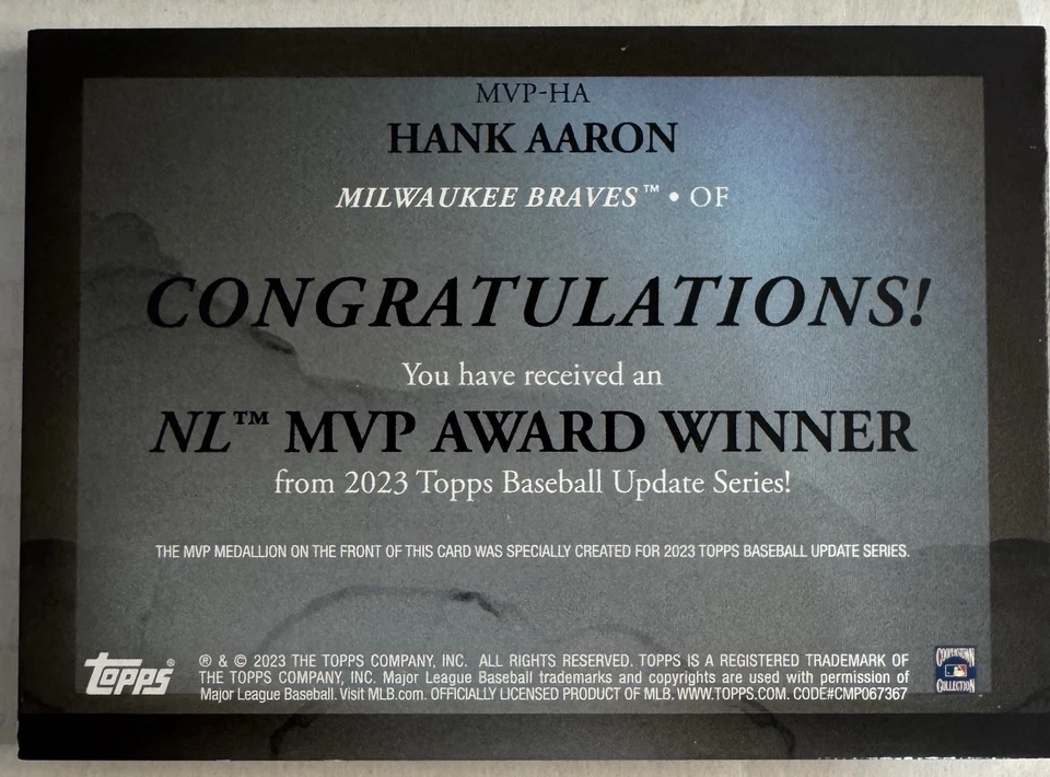 2023 Topps Update MVP Medallion Gold 65/75 Hank Aaron #MVP-HA HOF - Image 2 of 3