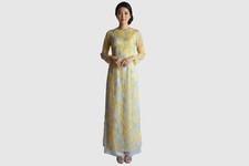 NWOT Handmade Vietnamese Yellow Cherry Blossom 3D Appliqu  Ao Dai Dress Size 6