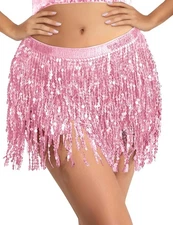BFONS Sequin Tassel Skirt Belly Dance Hip Scarf Wrap Sparkly Medium, Pink 