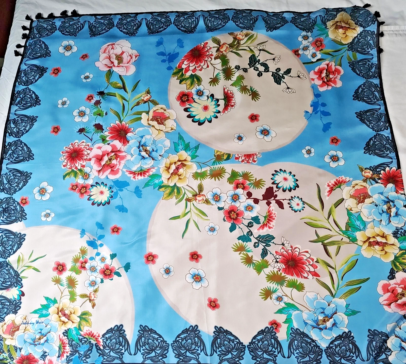 Johnny Was Lewisia 100% Silk Scarf W Tassel Blue Floral retail $110-ShipsFromUSA
