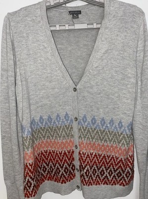Eddie Bauer Gray Cardigan Rainbow Colored Knit Pattern Womens 2X Sweater