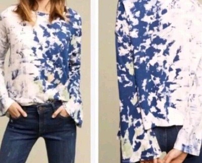 Anthropologie Akemi Kin Women's Top XS Blue Graffiti Artsy Long Flare Sleeves