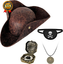 4PCS Pirate Hat Renaissance Pirate Tricorn Hat with Eye Patch Necklaces...
