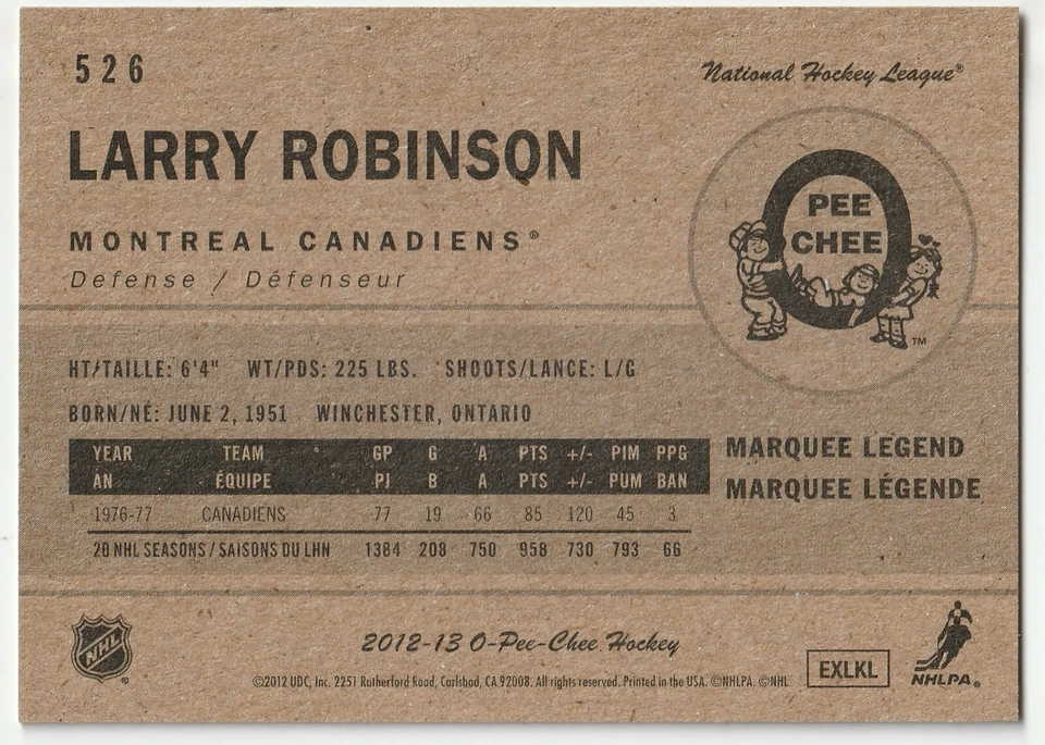 2012-13 O-Pee-Chee "Retro" Variation Card # 526 Larry Robinson! - Image 2 of 2