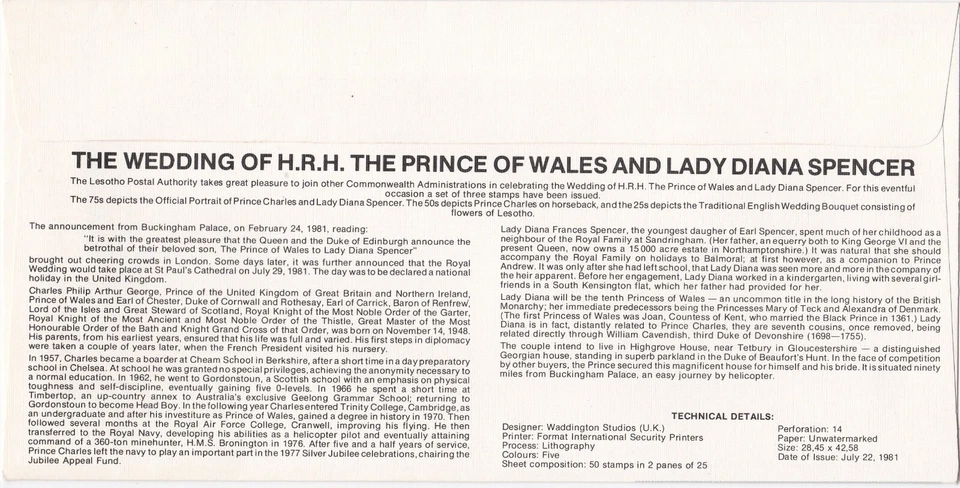 1981 Lesotho FDC cover Royal Wedding Lady Diana and Prince Charles (A version) - Изображение 2 из 2