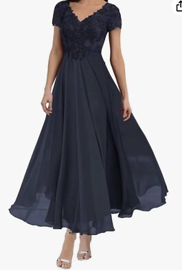 white christmas dresses Cicinia Dark Navy Mother of The Bride Dress Long Chiffon Lace A-Line Short Sleeves