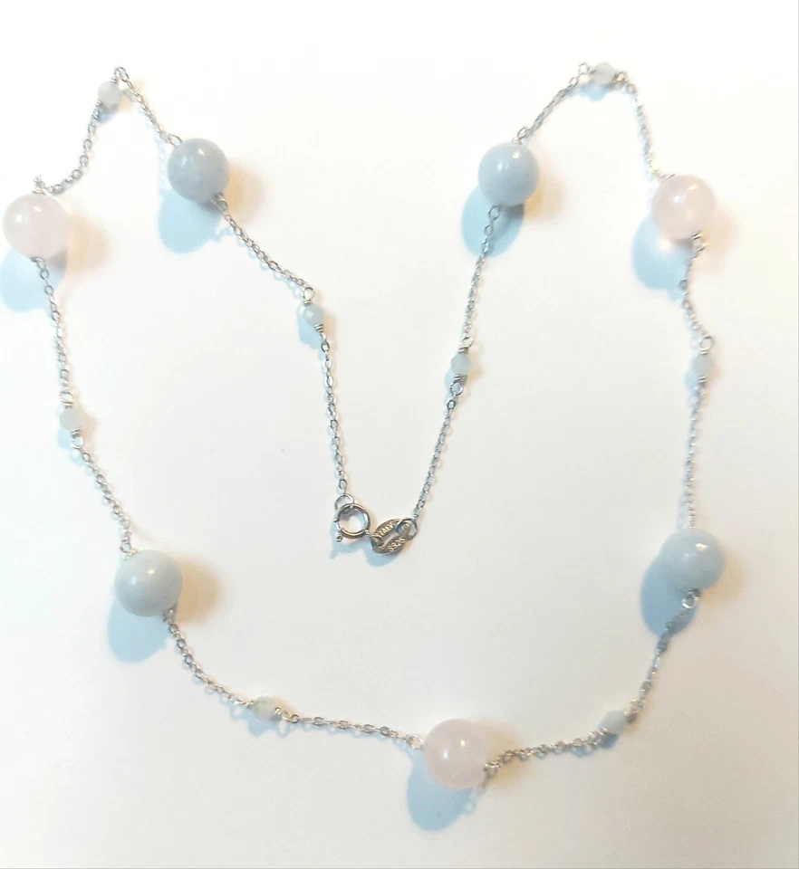 collana in argento 925 con acquamarina tonda e sfaccettata e quarzo rosa da 8 mm - Immagine 2 di 4