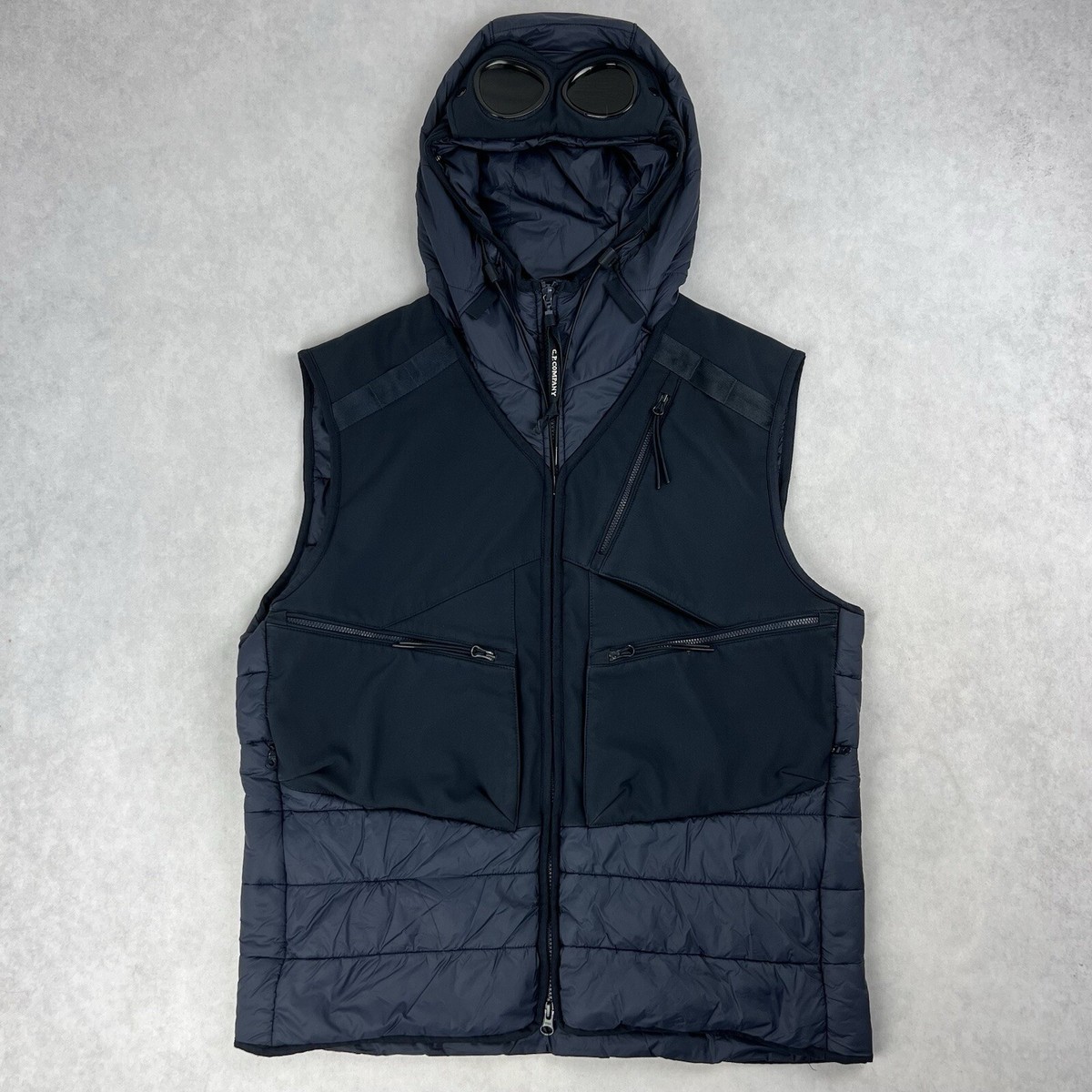 CP Company Mixed Soft Shell Goggle Puffer Gilet Navy Coat XL