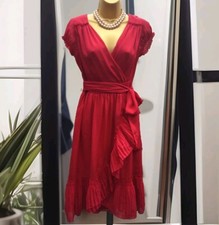 New COAST Size 10 Red Wrap Style Tea Day Dress Ruffles Tie Waist Belt Dance 💃