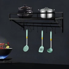 Kitchen Wall Mounted Storage Shelf Cookware Pan Pot Organizer Rack with 10 Hooks