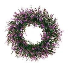 Purple Flower Wreath Decor with Green Leaves, 15.7 Inch