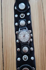 Vintage 1970s Lady Elgin 17 Jewel Wristwatch Black Suede Metal Stud Biker Band