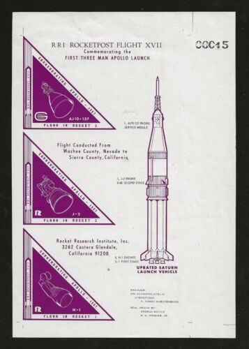 1968 US rocket mail RRI souvenir sheet - 1st 3-man APOLLO launch - EZ 110A1b - 第 1/2 張圖片