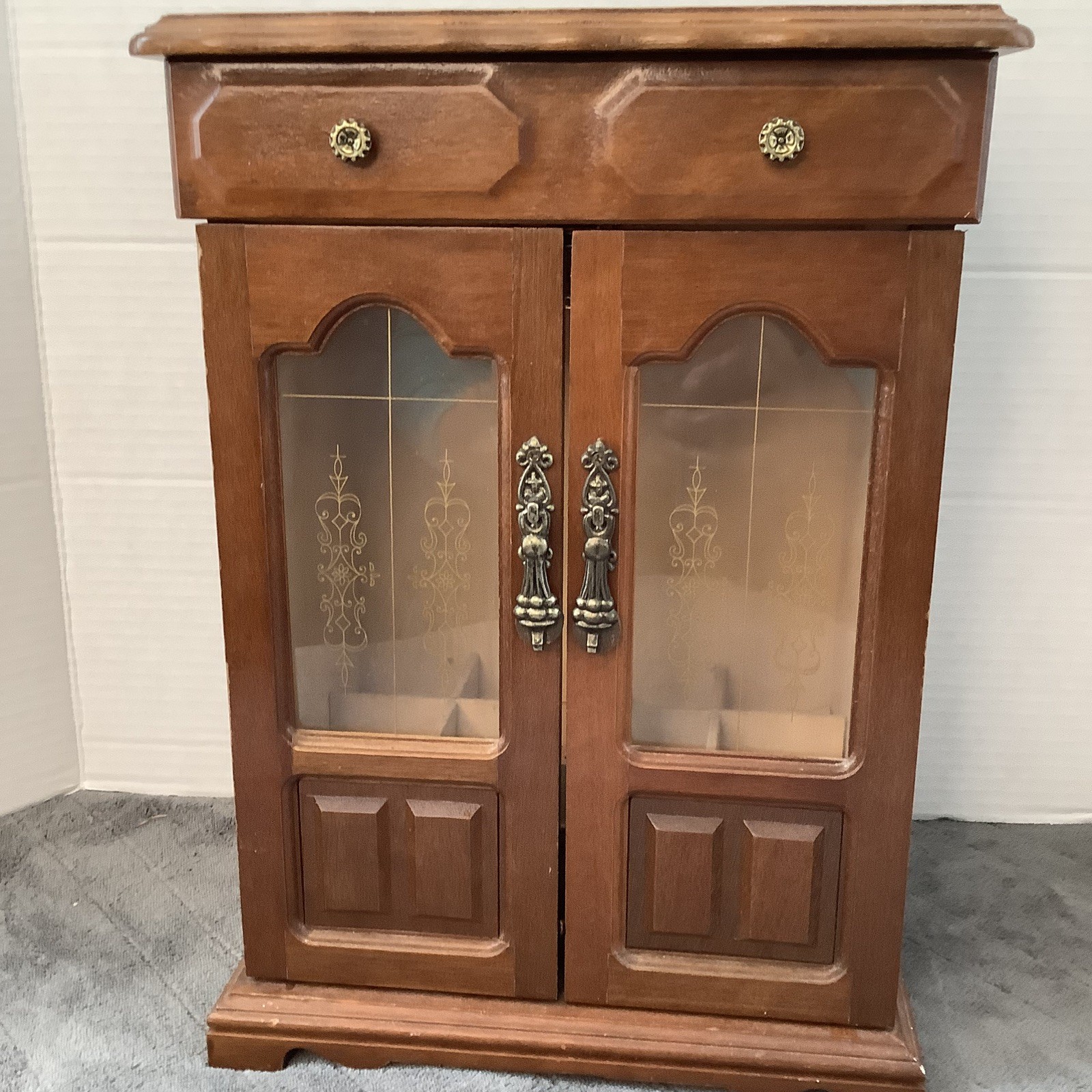 Vintage Wooden Jewelry Box Armoire 2 Doors Hangers ring slots earrings EUC