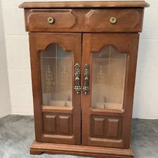 Vintage Wooden Jewelry Box Armoire 2 Doors Hangers ring slots earrings EUC