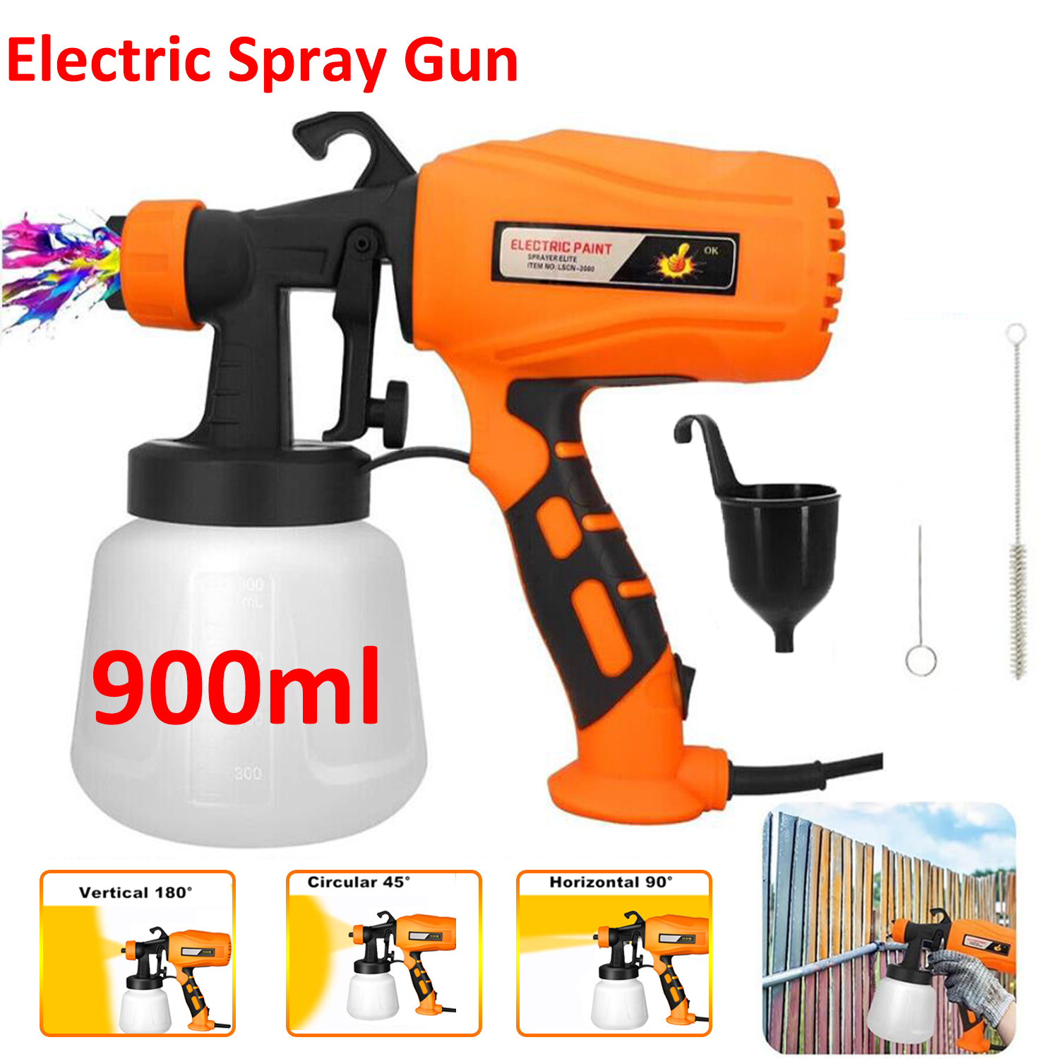 Electric Paint Sprayer HVLP High Power House Painting Paint Gun 2 Nozzles 900ML