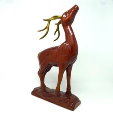 Stagg Buck Deer Wooden Handcarved Sculpture with Brass Accents Korea 16 " Tall