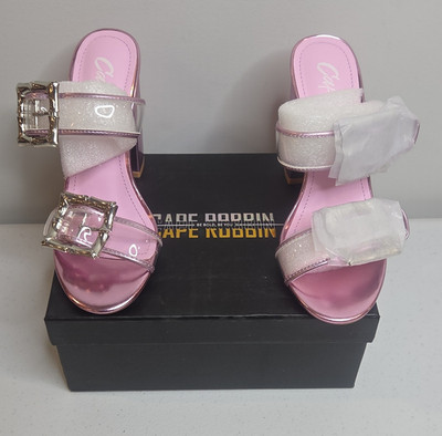 Cape Robbin Pink Glitter Buckle Strappy Block Heel Open Toe 6 Women