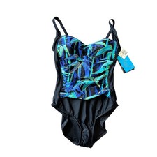 Azul by Maxine of Hollywood Size 14 Black Leaf Women's One Piece Swimsuit NWT