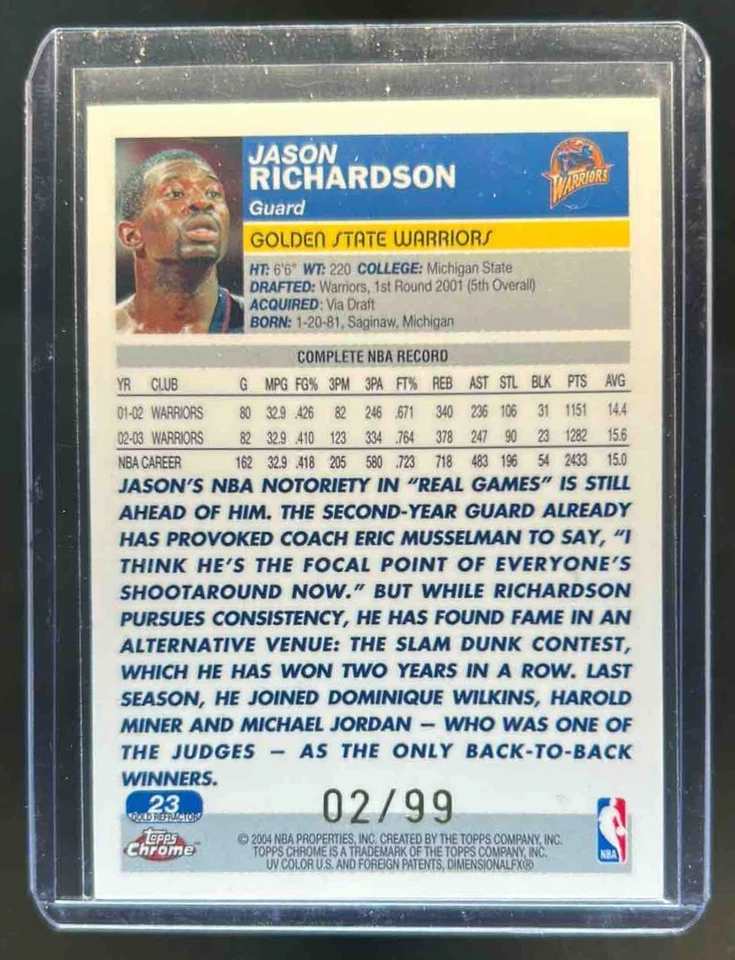 2003-04 Topps Chrome Jason Richardson Refractor Gold #2/99 Warriors - Image 2 of 2