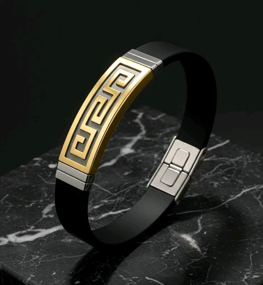 Pulseira de ouro estilo Versace masculina chave grega presente de luxo | Entrega gratuita no Reino Unido - Imagem 2 de 4
