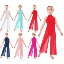 Kids Lyrical Ballet Dance Jumpsuit Sequins Ruched Sleeveless Wide-Leg Leotard
