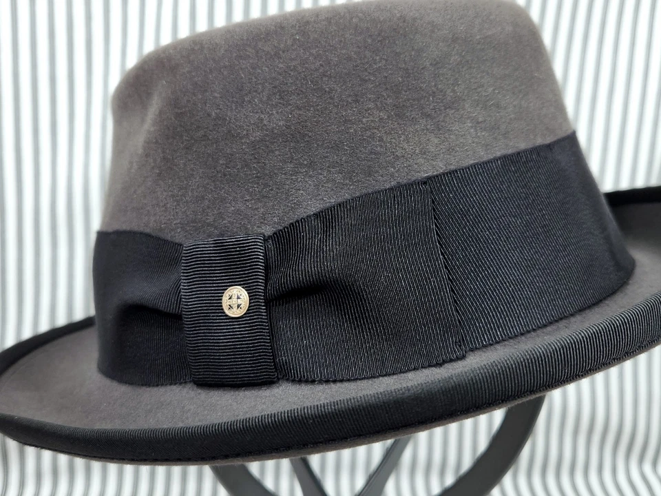Vintage CHAMP Fedora Hat - Dark Gray Fur Finish, Vtg. Brass & Enamel Hatpin ~ 7⅜ - Image 4 of 4