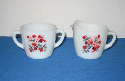 Vintage Fire King Milk Glass Primrose Pattern Open Sugar Bowl & Creamer Set