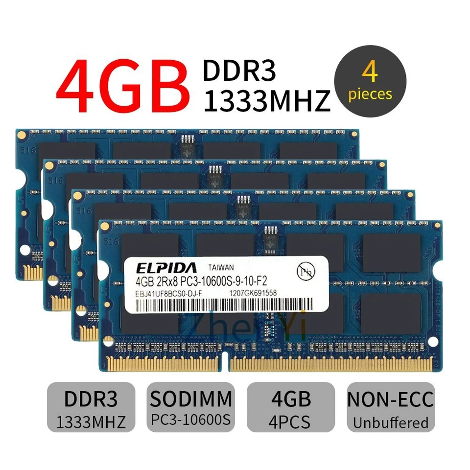 Elpida 32GB 16GB 8GB 4GB PC3-10600S DDR3 1333MHz 204Pin SODIMM Laptop RAM LOT AB - Image 3 of 4