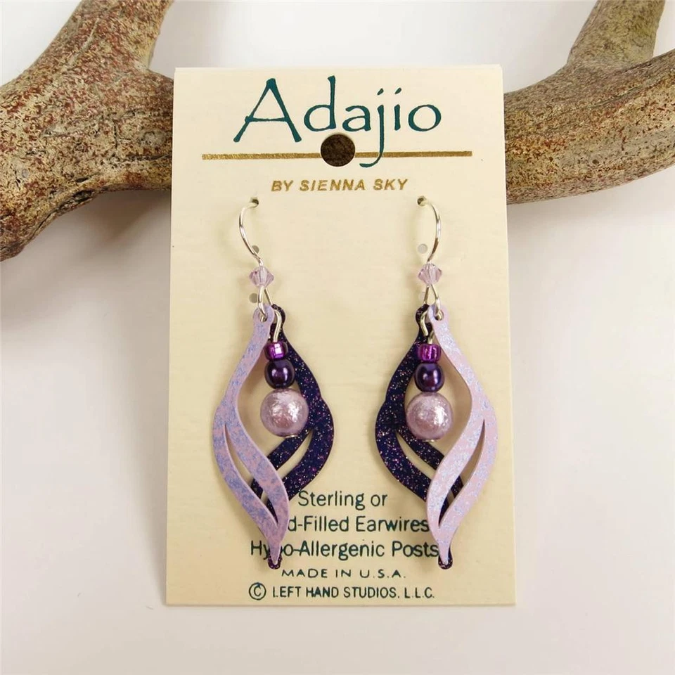 Серьги Adajio блестящие фиолетовый и сиреневый разделенные 'S' изогнутые капли ручной работы в США - Изображение 2 из 4